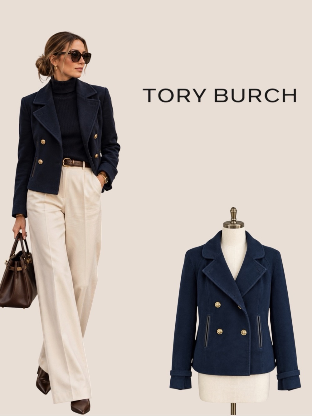 Tory Burch Navy Double-Breasted Pea Coat with Gold Buttons